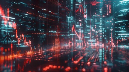 Fototapeta premium Futuristic cityscape with digital data visualizations, showcasing technology, analytics, and modern architecture in vibrant colors.