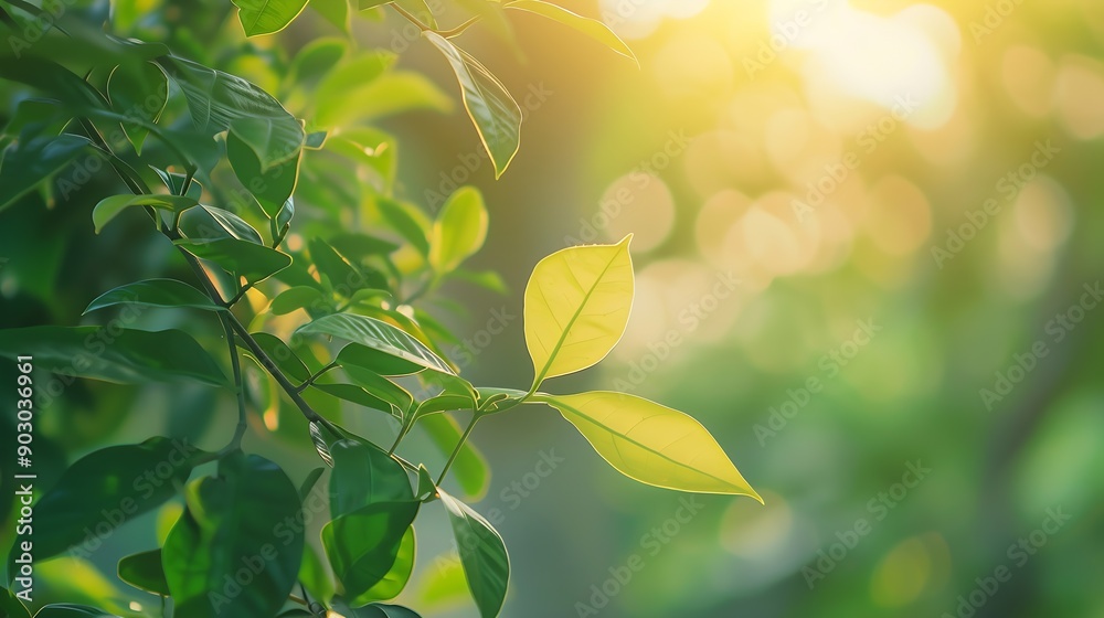 Aufkleber beautiful nature view of green leaf on blurred greenery background in garden and sunlight with copy 