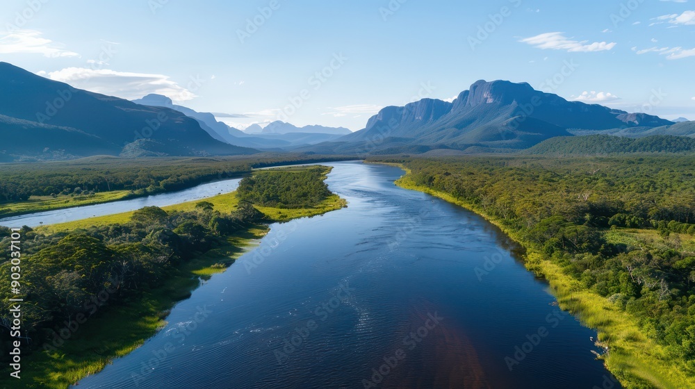 Poster a river with mountains in the background. the water is calm and clear. the sky is blue and there are
