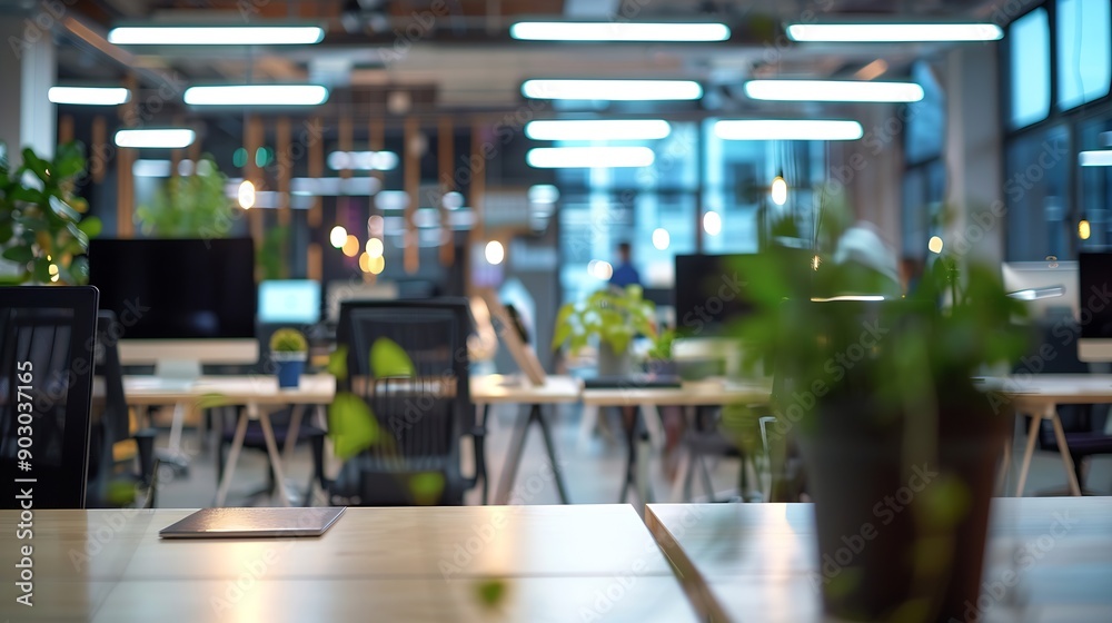 Poster Modern open space business office interior without people with blurred bokeh light background tables chairs computers  copy space green office concept : Generative AI