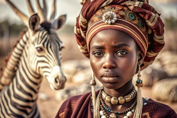 A beautiful black African girl in a traditional African national costume. Against the background of a zebra. The portrait symbolizes the traditions and beauty of the African people.