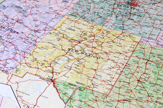Las Vegas, United States - July 30, 2024: Detailed New Mexico road map. Closeup macro view of State of New Mexico map