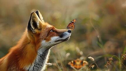 Fototapeta premium Fox Butterfly. Closeup Portrait of Red Fox with Butterfly on Nose in Meadow