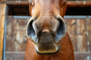 Naklejka premium Horse Headshot. Focus on Snout of Giant Thoroughbred in Stable