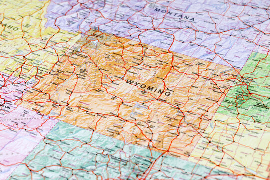 Cheyenne, United States - July 20, 2024: Detailed Wyoming road map. Closeup macro view of State of Wyoming map