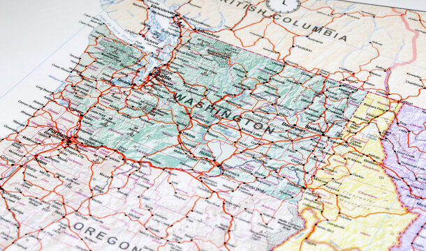 Seattle, United States - July 20, 2024: Detailed Washington road map. Closeup macro view of State of Washington map