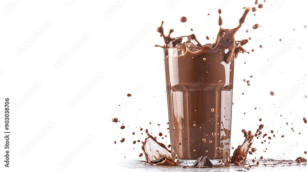Poster glass of chocolate drinks with splash isolated on white background : generative ai