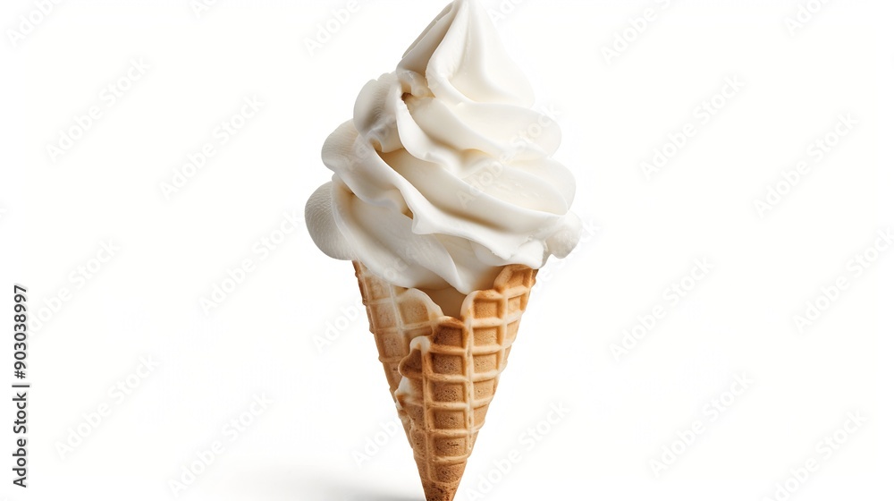 Poster Vanilla soft ice cream in waffle cone isolated on white background with clipping path : Generative AI