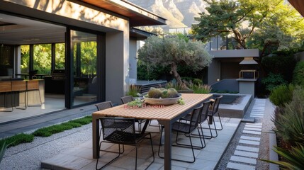 Naklejka premium Patio Dining Set. Modern Table Setting in Backyard Patio with Cape Town Architecture