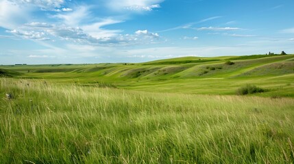 Fototapeta premium Lush green grass on field and hill grasslands national park val marie saskatchewan canada : Generative AI