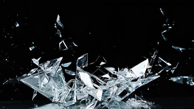 A dramatic scene of glass shattering in slow motion against a black background, capturing the intricate details and dynamic motion of the breaking fragments.