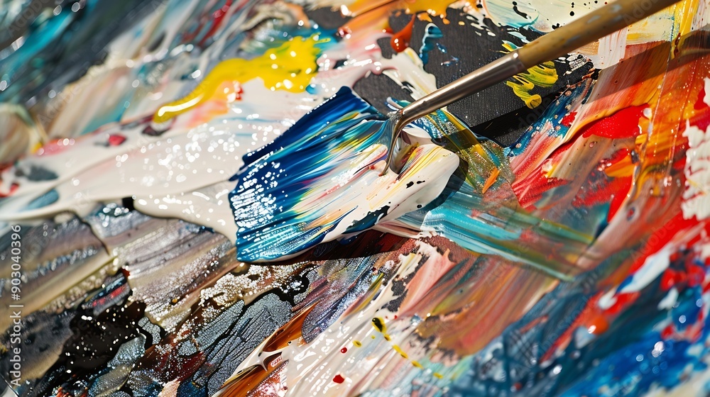 Poster abstract colorful artwork painting with spatula closeup view : generative ai
