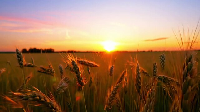 A field of golden wheat with the sun shining brightly in the sky