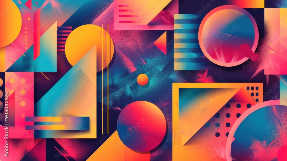 Poster a dynamic desktop background with abstract geometric shapes and vibrant colors, adding a touch of cr