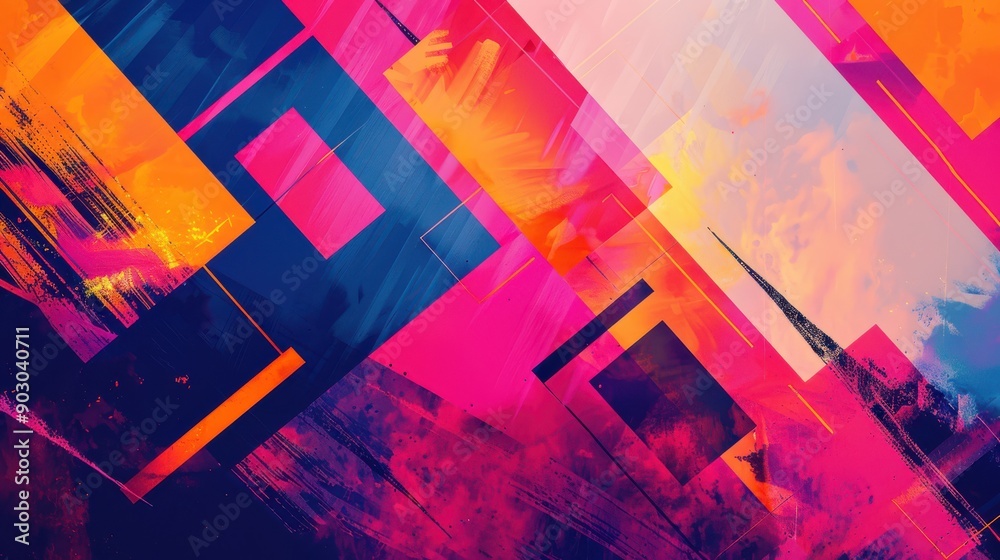 Poster a dynamic desktop background with abstract geometric shapes and vibrant colors, adding a touch of cr