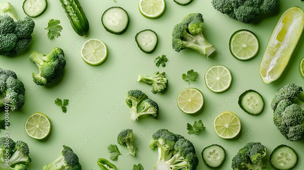 Poster Creative layout made of broccoli cucumber and lime on the green background Food concept Macro concept : Generative AI