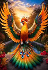 Fototapeta premium Majestic Phoenix-Inspired Peacock Displaying Plumage at Dusk