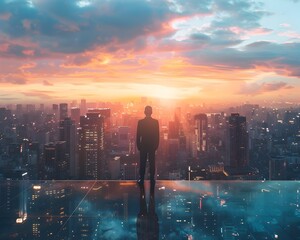 Successful Businessman Overlooking Panoramic City Skyline at Sunset