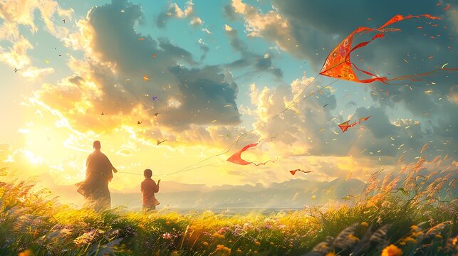 A peaceful family kite-flying gathering, with members holding kite strings, colorful kites soaring in the sky, lush green field, bright sunlight creating warm tones, serene and joyful mood,