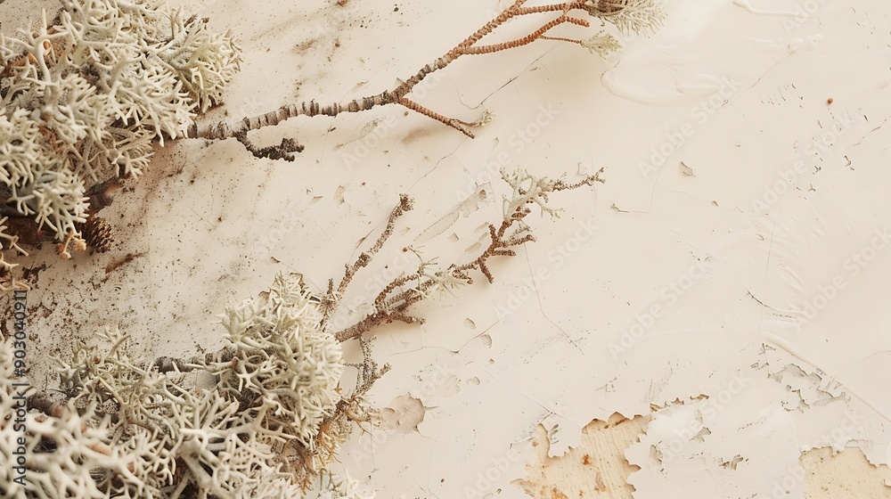 Poster abstract north nature scene with a composition of lichen pine branches and dry snags beige backgroun