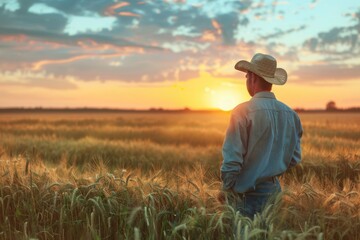 Cowboy Alone. Young Farmer Standing Alone in Wheat Field under Summer Sunset Sky