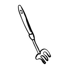 Garden tool rake hand drawn in doodle style. Hobby gardening. Mini pitchforks. Vector line art illustration.