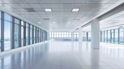 Obraz premium Interior of modern empty office buildingOpen white ceiling designCool tone : Generative AI