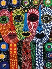 An abstract art painting of faces. The faces are all different sizes and are painted in a variety of colors. The painting has a dreamy, surreal feel to it. African artwork