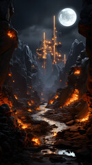 A glowing, futuristic city stands tall in the distance, illuminated by a full moon. A narrow river winds through a dark, rocky canyon with flickering flames on the sides.