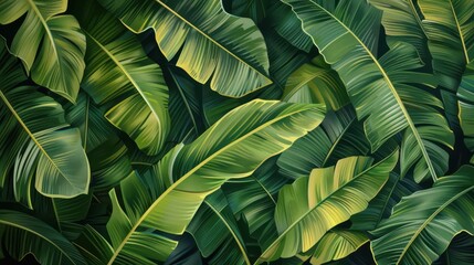 Fototapeta premium A lush banana leaf background with vibrant green tones and detailed textures, creating a fresh and tropical feel