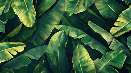 Fototapeta premium A lush banana leaf background with vibrant green tones and detailed textures, creating a fresh and tropical feel