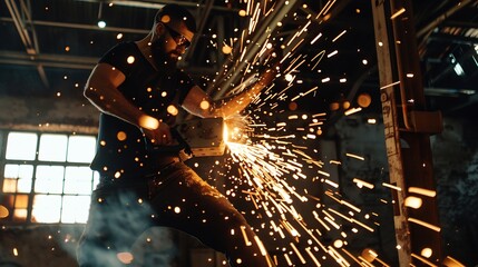 Handsome Male Artist Uses an Angle Grinder to Make Brutal Metal Sculpture in Studio Hipster Guy Polishes Metal Tube with Sparks Flying Off It Contemporary Fabricator Creating Abstract  : Generative AI