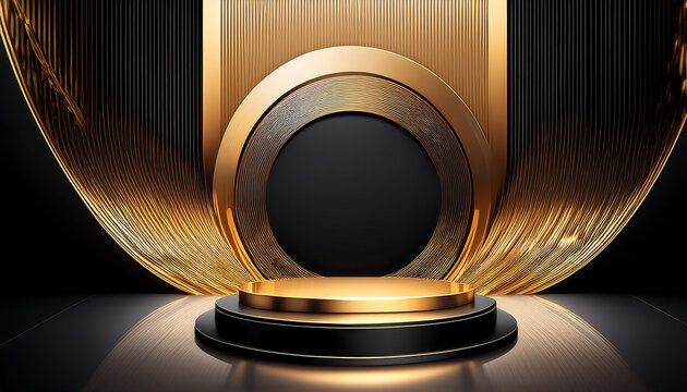  Luxury Gold and Black Podium Una piattaforma di prodotto 3D con dettagli dorati e sfondo ne_1(69)