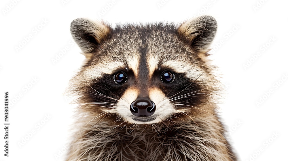 Poster portrait of a cute funny raccoon closeup isolated on a white background : generative ai