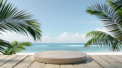 Fototapeta premium Summer product display on wooden podium at sea tropical beach : Generative AI