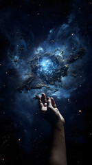 A hand reaches up towards a swirling nebula in a dark, starry sky.  The nebula is luminous and beautiful, and the hand appears to be reaching for it.  The image is full of mystery and wonder.