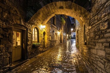 Obraz premium French Canadian. Night Street in Quebec City with Stone Fortification Walls