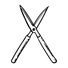 Garden scissors for trimming trees hand drawn in doodle style. Hobby gardening. Branch pruning tool. Topiary art. Vector line art illustration.