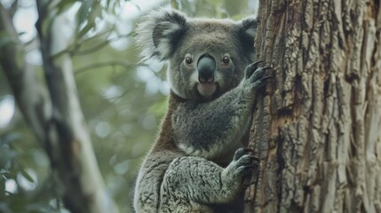 Fototapeta premium A dynamic shot of a koala climbing up a tree trunk, showcasing its strong claws and agility