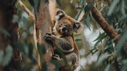 Fototapeta premium A koala hugging the trunk of a eucalyptus tree, surrounded by green leaves and branches