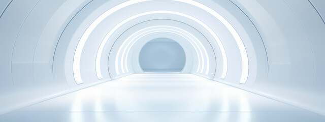 Obraz premium Sleek White Tunnel with Soft Blue Glow, Minimalist and Modern Background, Futuristic Design and Digital Art