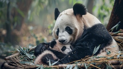 A mother panda gently cradling her baby, both nestled in a cozy den made of bamboo