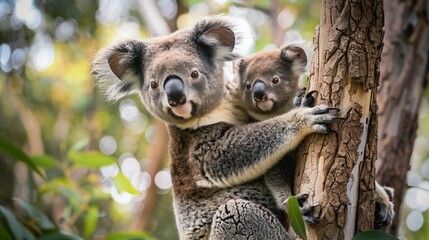 Fototapeta premium A mother koala with a baby on her back, perched high in a tree with a scenic forest backdrop