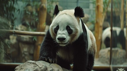 Fototapeta premium A panda in a spacious, well-designed zoo enclosure with educational signs about panda conservation