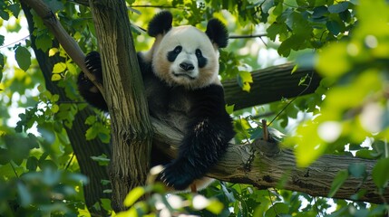 Fototapeta premium A panda perched high in a tree, lazily reclining on a sturdy branch surrounded by green foliage