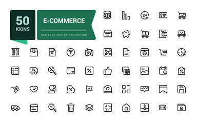 E-Commerce icon set in line style. Minimal Online shopping icons for web and mobile app. Business, mobile shop, gifts, sale, delivery. Vector illustration.