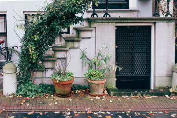 Entrada bajo escalera de una casa en Ámsterdam, adornada con macetas de plantas