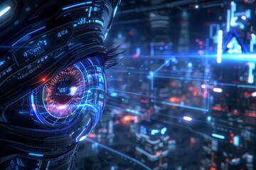 Obraz premium Futuristic eye with blue and pink neon reflections highlighting advanced technology and vibrant colors in a high definition photography.