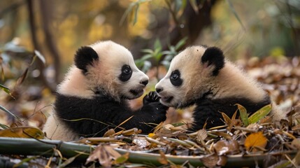 Naklejka premium Two panda cubs engaging in playful wrestling, surrounded by fallen bamboo leaves and branches