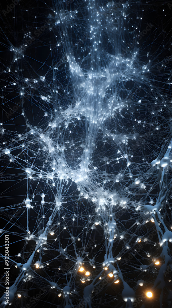 Poster abstract web of white lights and lines against a dark background. the lights are bright and glow, cr